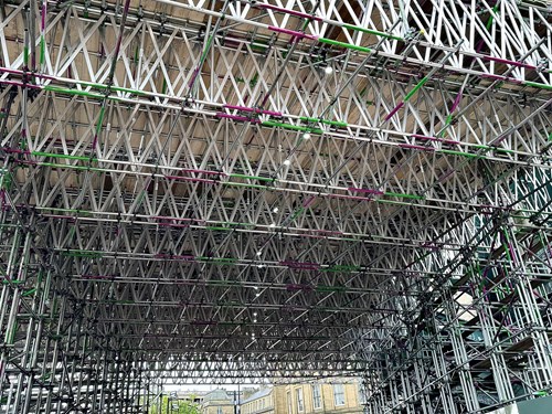 A pattern of metal scaffolding erected to assist in the refurbishing of the Tyne Bridge in Newcastle Upon Tyne